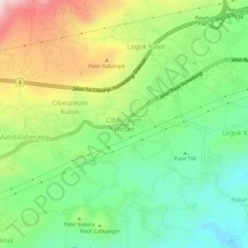 Mapa topográfico Cibeureum Wetan, altitud, relieve