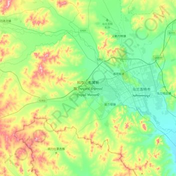 Mapa topográfico Horqin Right Front Banner, altitud, relieve
