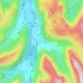Mapa topográfico Hartsop, altitud, relieve