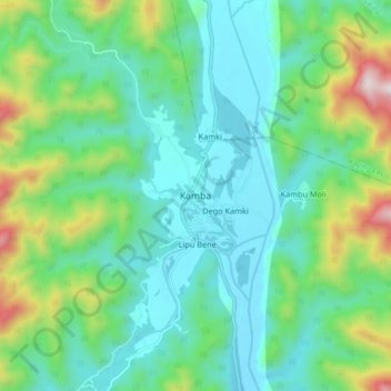 Mapa topográfico Kamba, altitud, relieve