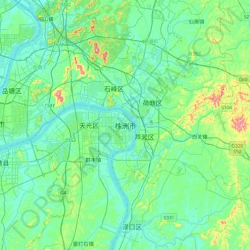 Mapa topográfico Zhuzhou, altitud, relieve
