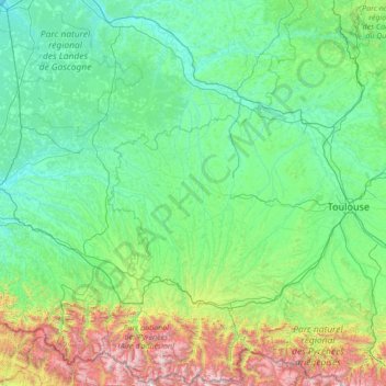 Mapa topográfico Gascogne, altitud, relieve
