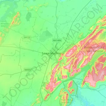 Mapa topográfico Sawai Madhopur, altitud, relieve