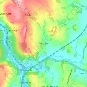 Mapa topográfico Fritchley, altitud, relieve