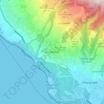 Mapa topográfico Les Avirons, altitud, relieve