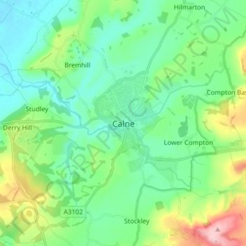 Mapa topográfico Calne, altitud, relieve