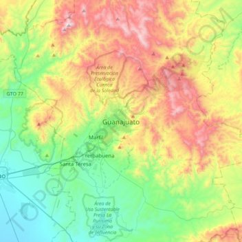 Mapa topográfico Guanajuato, altitud, relieve