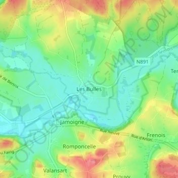 Mapa topográfico Les Bulles, altitud, relieve