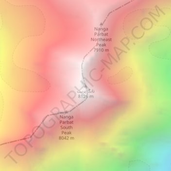 Mapa topográfico Nanga Parbat, altitud, relieve