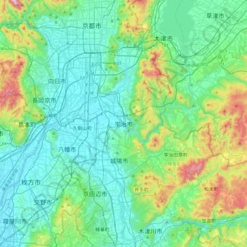 Mapa topográfico 宇治市, altitud, relieve