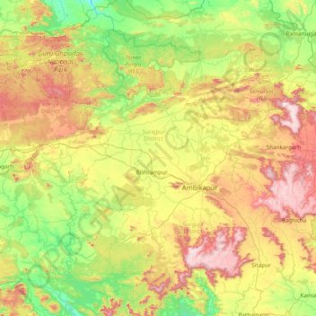 Mapa topográfico Surguja, altitud, relieve