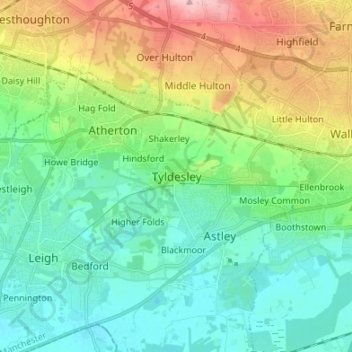 Mapa topográfico Tyldesley, altitud, relieve