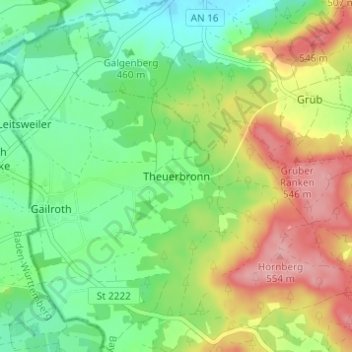 Mapa topográfico Theuerbronn, altitud, relieve