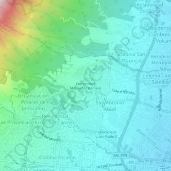 Mapa topográfico comunidad Monseñor Romero, altitud, relieve