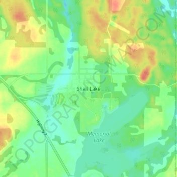 Mapa topográfico Shell Lake, altitud, relieve