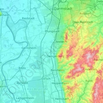 Mapa topográfico Alsbach-Hähnlein, altitud, relieve