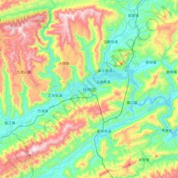 Mapa topográfico Kaizhou, altitud, relieve