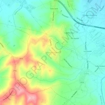 Mapa topográfico Misano Monte, altitud, relieve