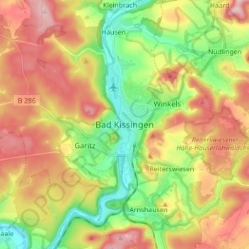 Mapa topográfico Bad Kissingen, altitud, relieve