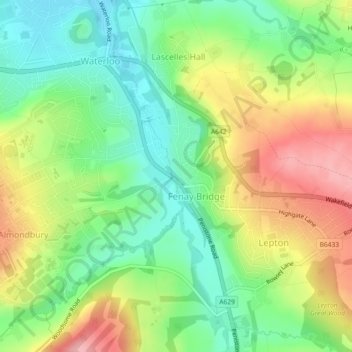 Mapa topográfico Fenay Bridge, altitud, relieve
