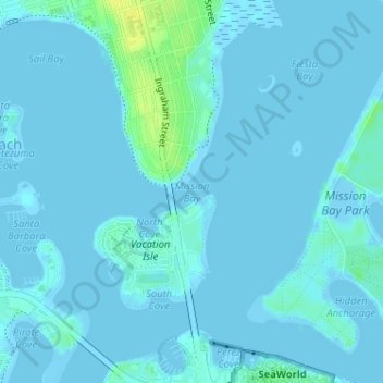 Mapa topográfico Mission Bay, altitud, relieve