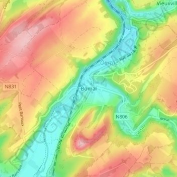 Mapa topográfico Bomal, altitud, relieve