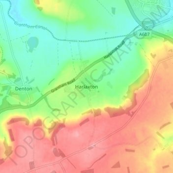 Mapa topográfico Harlaxton, altitud, relieve