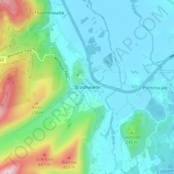 Mapa topográfico Braithwaite, altitud, relieve