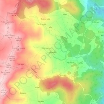 Mapa topográfico A Cavada, altitud, relieve