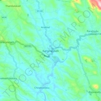 Mapa topográfico Kanjirappalli, altitud, relieve