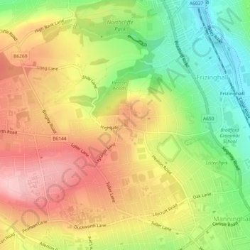 Mapa topográfico Heaton, altitud, relieve
