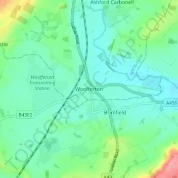 Mapa topográfico Woofferton, altitud, relieve