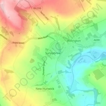 Mapa topográfico Sunnybrow, altitud, relieve