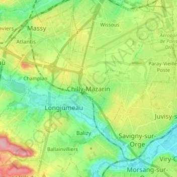 Mapa topográfico Chilly-Mazarin, altitud, relieve