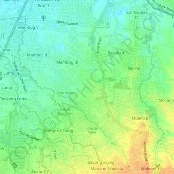 Mapa topográfico Mambog 4, altitud, relieve