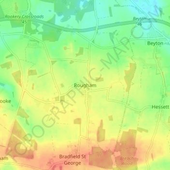Mapa topográfico Rougham, altitud, relieve
