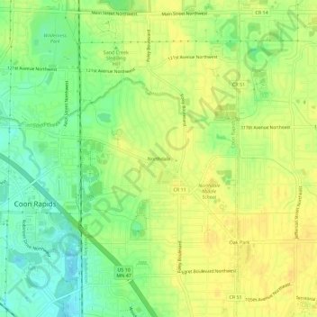 Mapa topográfico Northdale, altitud, relieve