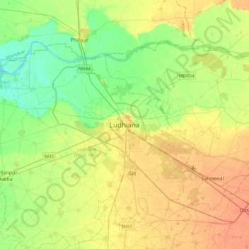 Mapa topográfico Ludhiana, altitud, relieve