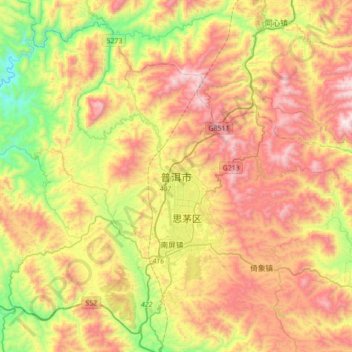 Mapa topográfico Pu'er, altitud, relieve