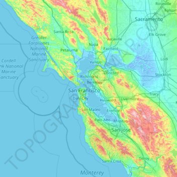 Mapa topográfico Área de la Bahía de San Francisco, altitud, relieve