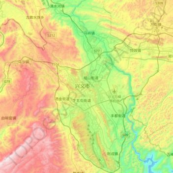 Mapa topográfico Qianxinan, altitud, relieve