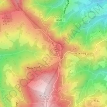 Mapa topográfico Mañuas, altitud, relieve