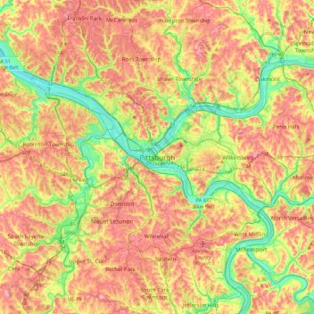Mapa topográfico Pittsburgh, altitud, relieve