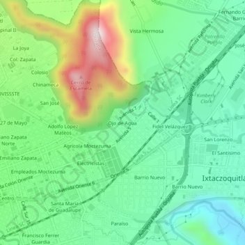 Mapa topográfico Ojo de Agua, altitud, relieve