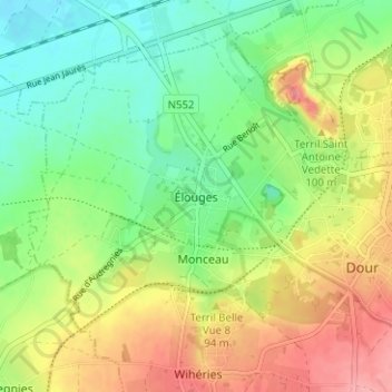 Mapa topográfico Élouges, altitud, relieve