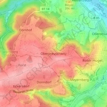 Mapa topográfico Oberpreuschwitz, altitud, relieve