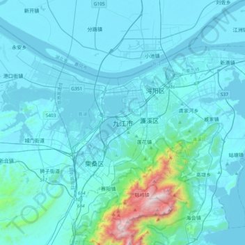 Mapa topográfico Jiujiang, altitud, relieve