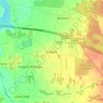 Mapa topográfico Krągola, altitud, relieve