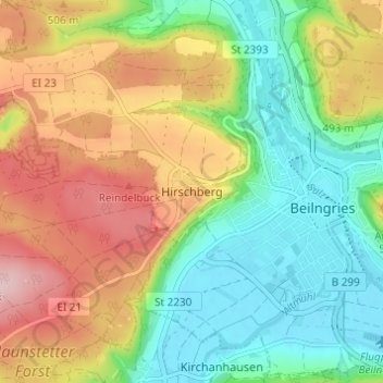 Mapa topográfico Hirschberg, altitud, relieve