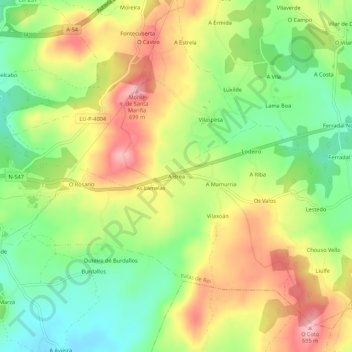 Mapa topográfico A Brea, altitud, relieve